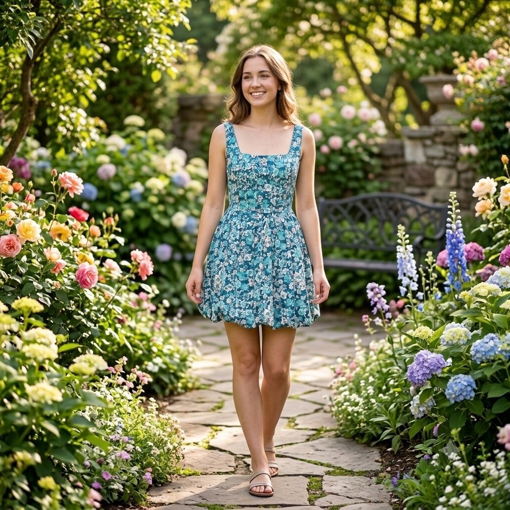 Teal Floral Bubble Hem Mini Dress Smocked, garden party, wedding guest NWOT